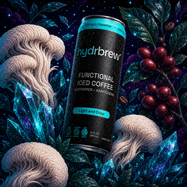A single can of hydrbrew Functional Iced Coffee stands upright against a highly stylized cosmic fantasy background featuring dark coffee beans, glowing blue crystals, and fuzzy cream mushrooms on a starry black sky.