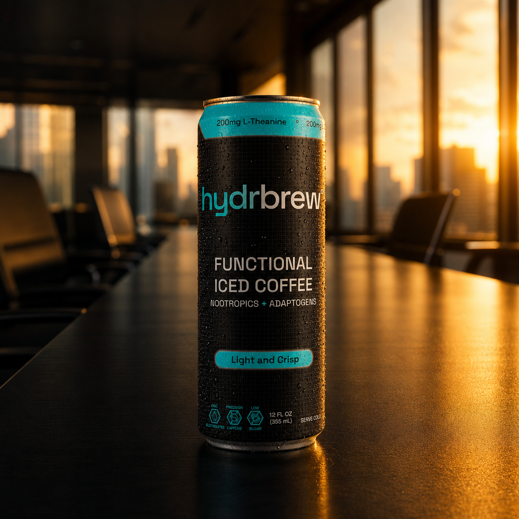 Can of hydrbrew° functional iced coffee with nootropics and adaptogens on an office table at sunset.
