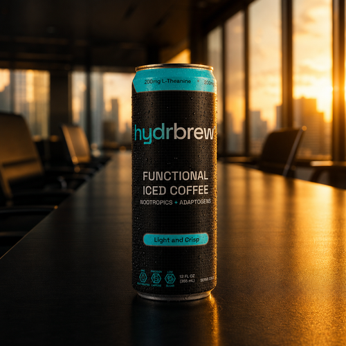 Can of hydrbrew° functional iced coffee with nootropics and adaptogens on an office table at sunset.