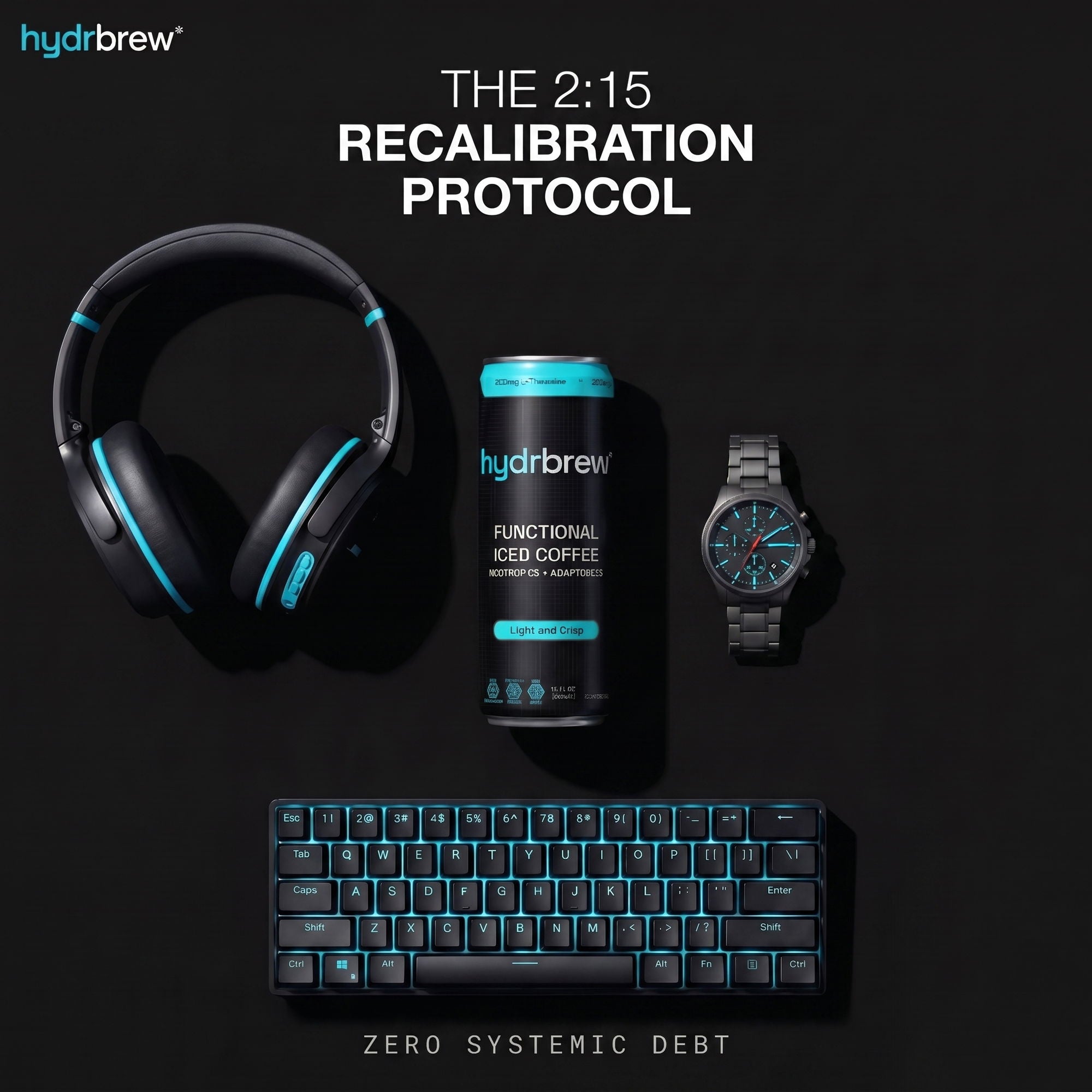 The hydrbrew° 2:15 PM Recalibration Protocol desk setup, featuring a functional iced coffee, a sleek mechanical keyboard, and tech accessories on a black background.