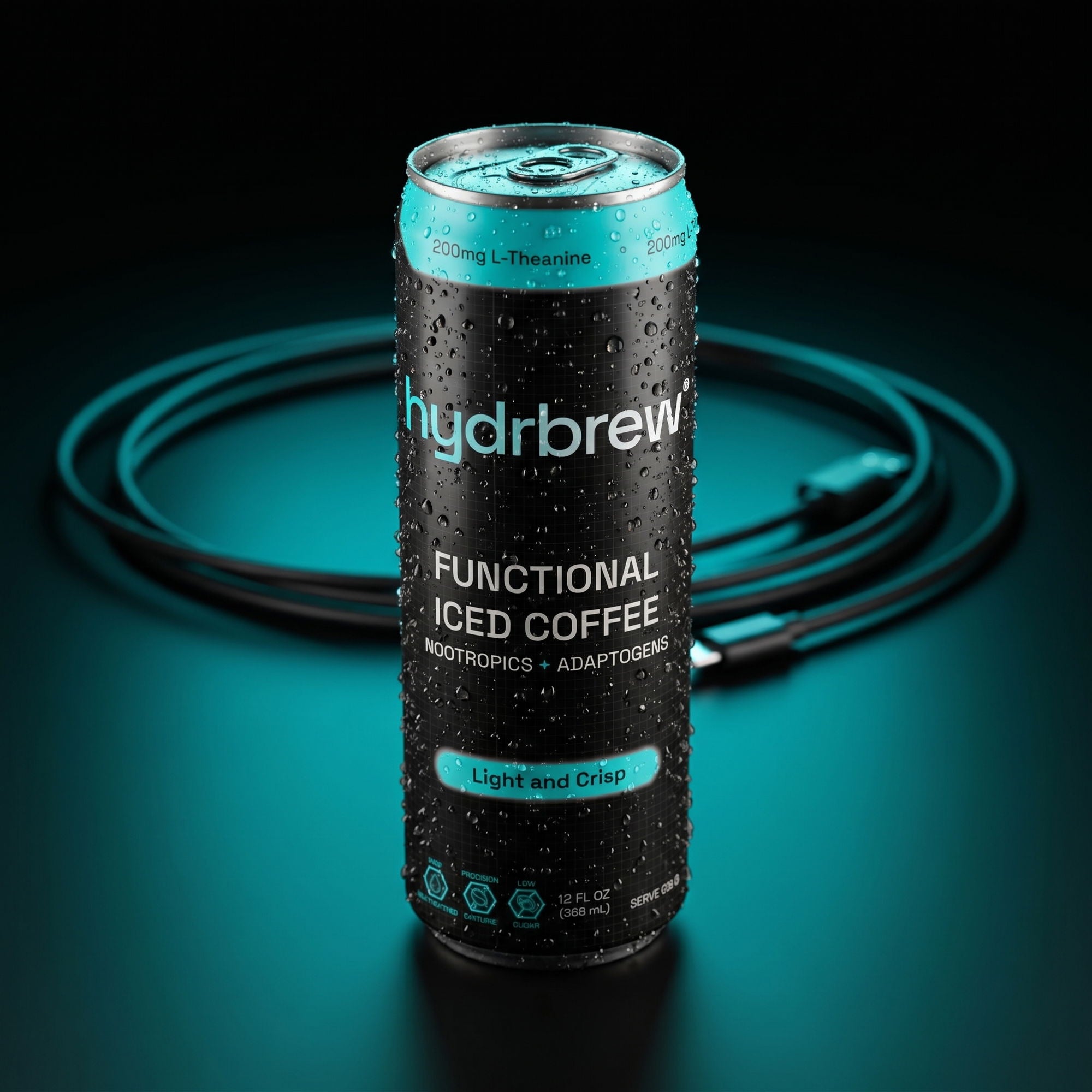 A single sleek can of hydrbrew° functional iced coffee centered against a dark background with a neon cyan lighting glow.
