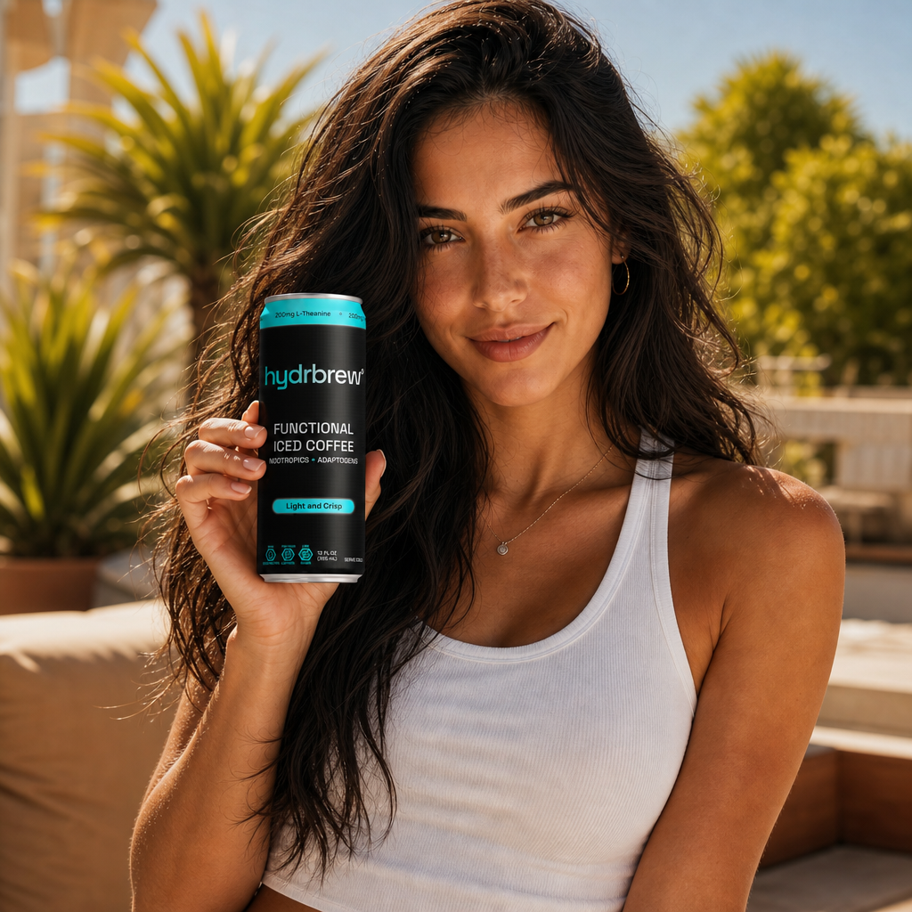 A woman smiling while holding a sleek can of hydrbrew° functional iced coffee outdoors in a sunny, palm-tree setting.